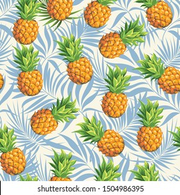 Pineapples on a background of branches of a green tropical palm tree. Vector seamless background pattern on the theme of botany and tropical plants