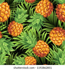 Pineapples on the background of palm branches. Vector pattern with tropical fruits and plants.