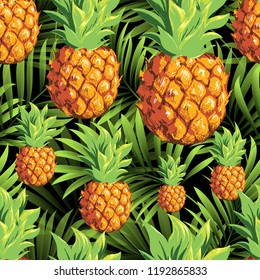 Pineapples on the background of palm branches. Vector pattern with tropical fruits and plants.