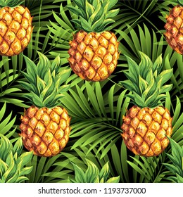 Pineapples on the background of palm branches. Vector pattern with tropical fruits and plants.