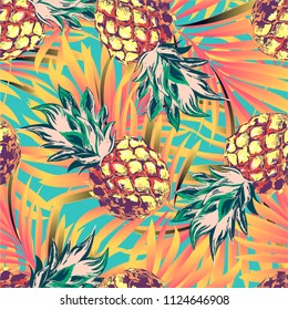 Pineapples on the background of palm leaves. Vector pattern.