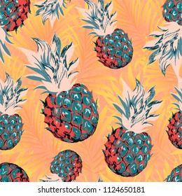 Pineapples on the background of palm leaves. Vector pattern.
