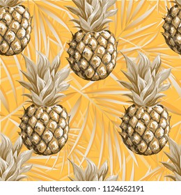 Pineapples on the background of palm leaves. Vector pattern.