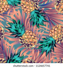 Pineapples on the background of palm leaves. Vector pattern.