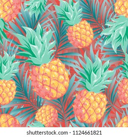 Pineapples on the background of palm leaves. Vector pattern.