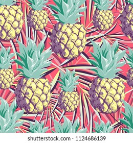 Pineapples on the background of palm leaves. Vector pattern.