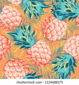 Pineapples on the background of palm leaves. Vector pattern.