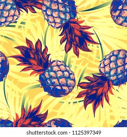 Pineapples on the background of palm leaves. Vector pattern.