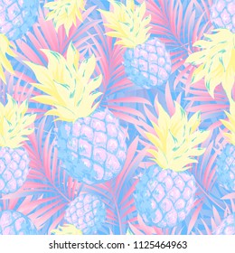 Pineapples on the background of palm leaves. Vector pattern.