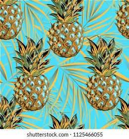Pineapples on the background of palm leaves. Vector pattern.