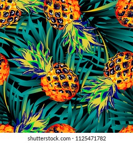 Pineapples on the background of palm leaves. Vector pattern.