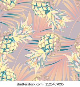 Pineapples on the background of palm leaves. Vector pattern.
