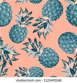 Pineapples on the background of palm leaves. Vector pattern.