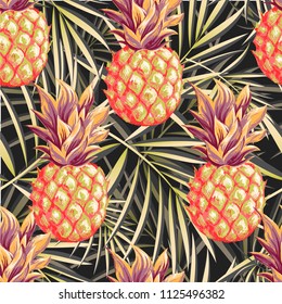 Pineapples on the background of palm leaves. Vector pattern.