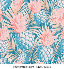Pineapples on the background of palm leaves. Vector pattern from tropical fruits.