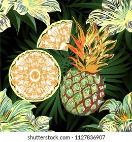 Pineapples on the background of palm leaves. Vector pattern from tropical fruits.