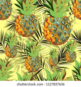 Pineapples on the background of palm leaves. Vector pattern from tropical fruits.