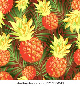 Pineapples on the background of palm leaves. Vector pattern from tropical fruits.