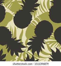 Pineapples on a background of palm leaves. Seamless pattern with tropical ripe fruits and palm leaves. Tropical illustration. Jungle foliage. Vector seamless pattern for fabrics, packaging, gifts, boo
