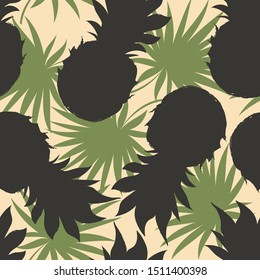 Pineapples on a background of palm leaves. Seamless pattern with tropical ripe fruits and palm leaves. Tropical illustration. Jungle foliage. Vector seamless pattern for fabrics, packaging, gifts, boo