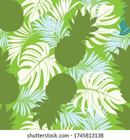 Pineapples on a background of palm leaves. Tropical seamless background pattern. Graphic design with amazing palm trees, ripe and fresh fruits suitable for fabrics, packaging, covers