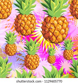 Pineapples on a background of palm tropical branches. Vector pattern.