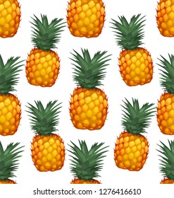 Pineapples on the background of tropical plant. Vector seamless pattern.