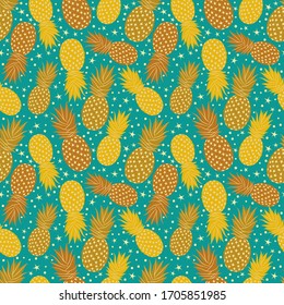 Pineapples on blue background Seamless pattern