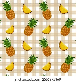 Pineapples on a checkered background.Vector seamless pattern with whole and sliced ​​pineapples on a checkered background.