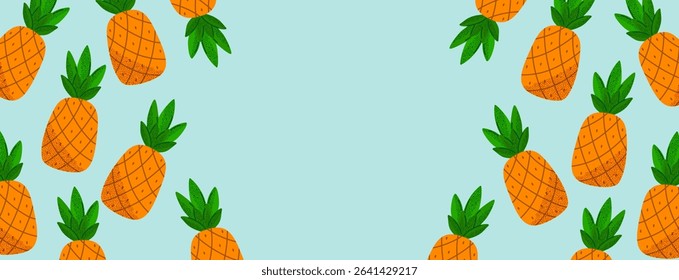 Pineapples on light blue background. Summer background with copy space. Fun tropical design for banner, summer-themed print, invitation, flyer