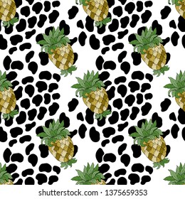 Pineapples on the skin of a leopard. Seamless pattern. Hand drawn vector illustration.