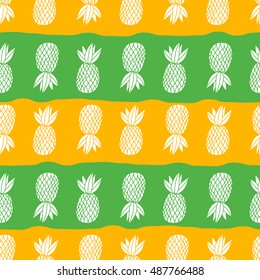 Pineapples on the white background. Vector seamless pattern tropical fruit. Orange and green with stripes