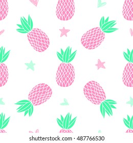 Pineapples on the white background. Vector seamless pattern with tropical fruit. Cute girl style, pink