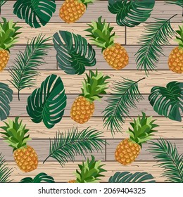 Pineapples on a wooden background in a pattern.Pineapples and palm leaves on a wooden background in color vector pattern.