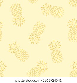 Pineapples on yellow background. Line art vector illustration. Tropical fruits seamless pattern.