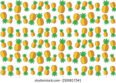 Pineapples on yellow seamless pattern. Modern tropical exotic fruit design for wrapping paper, textile, banner, web, app. Bright juicy yellow pineapple fruits and soft green leaves.