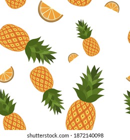 Pineapples and orange slices. Seamless pattern. Cartoon fruits on a white background. Vector illustration