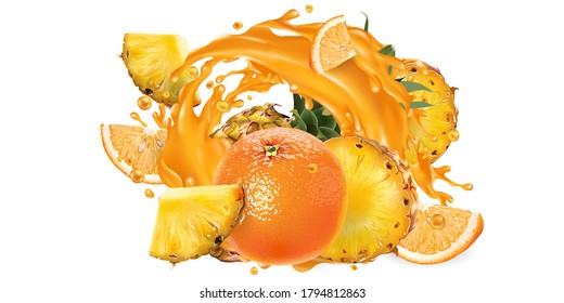 Pineapples and oranges in a juice splash.