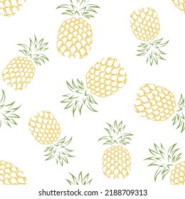 Pineapples outline seamless pattern. Vector background with tropical fruits on white.