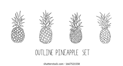 Pineapples outline set. Simple doodle style. Vector stock illustration