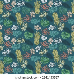 Pineapples, palm leaves, flowers. Seamless vector pattern with vector illustrations with tropical theme