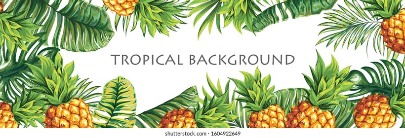 Pineapples with palm leaves. Graphic pattern design with amazing palms. Fashion, interior, advertising, signboard. Realistic palm leaves and fruits.