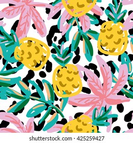 Pineapples and palm leaves on the spotted background. Vector seamless pattern. Tropical fruits and plants. Hand drawn sketch illustration.