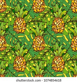 Pineapples, palm leaves seamless pattern. Tropical background texture. Summer print. Fabric design