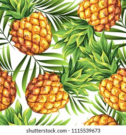 Pineapples with palm leaves. Seamless pattern from tropical juicy fresh fruits on a white background. Vector image.