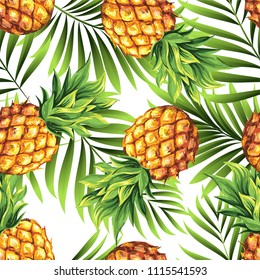 Pineapples with palm leaves. Seamless pattern from tropical juicy fresh fruits on a white background. Vector image.