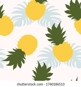 Pineapples with palm leaves. Seamless pattern with fresh ripe tropical fruits plants.