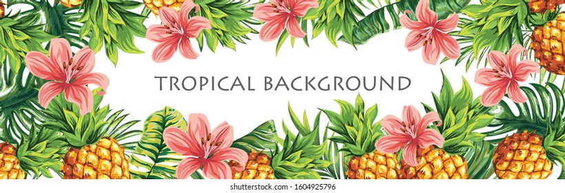 Pineapples with palm leaves and tropical flowers. Graphic pattern design with amazing palms. Fashion, interior, advertising, signboard. Realistic palm leaves and fruits.