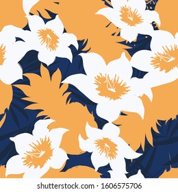 Pineapples with palm leaves and tropical flowers. Seamless pattern. Graphic pattern design with amazing palms. Fashion, interior, advertising, signboard. 