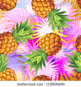 Pineapples with palm leaves. Tropical vector pattern, background.